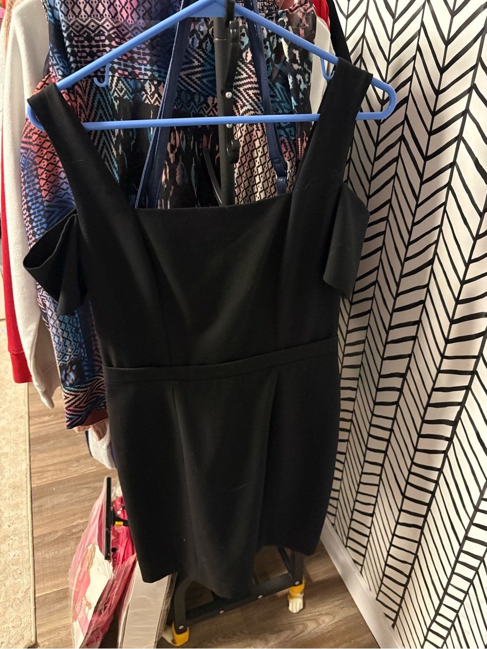 BCBGMaxAzria Black Off-Shoulder Mini Dress with Wide Straps